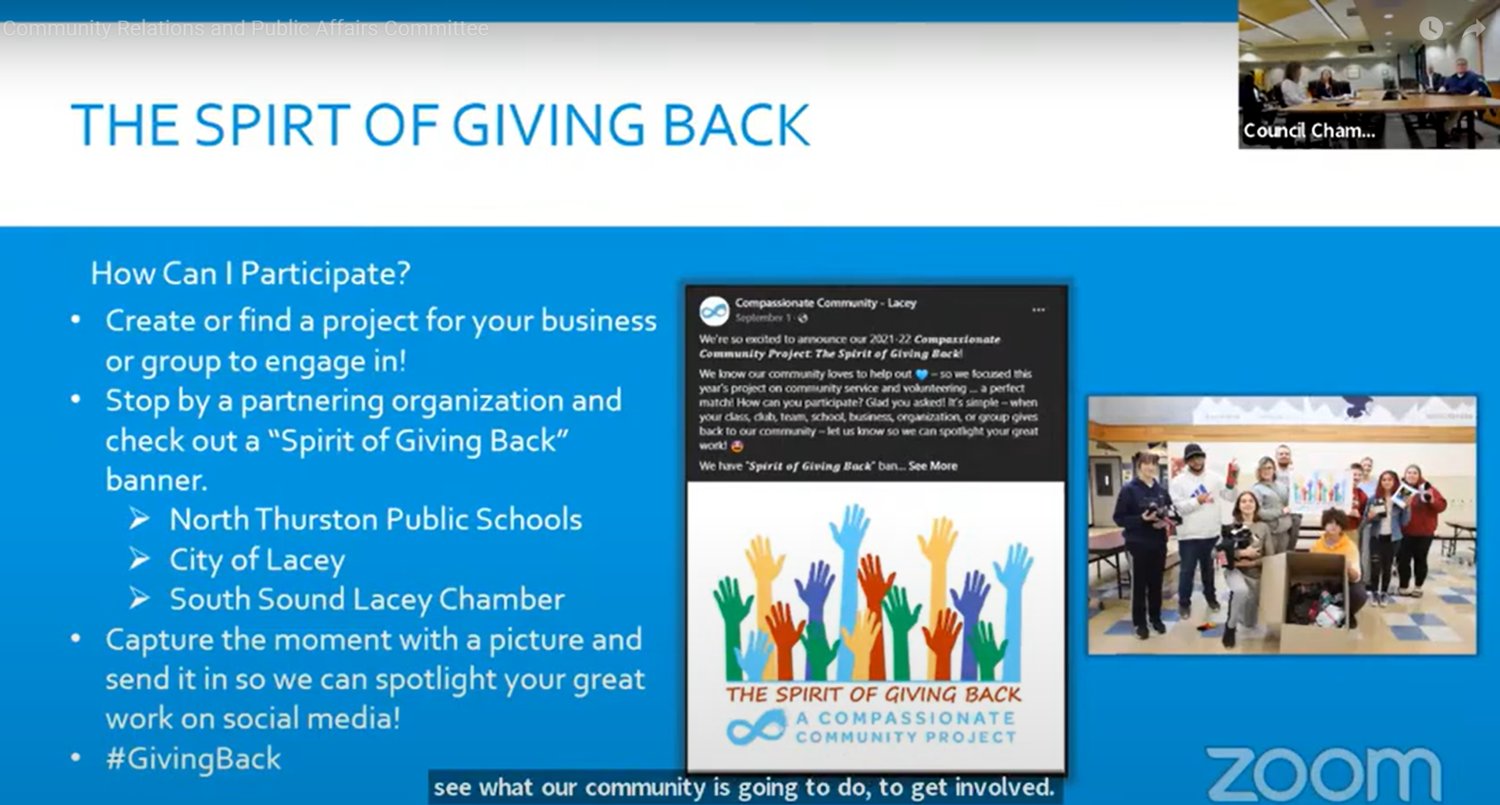NTPS Assistant Director of Communications Amy Blondin urges groups and businesses in the city to engage in the "Spirit of Giving Back Project" during the Lacey Community Relations and Public Affairs Committee meeting on December 5, 2022.